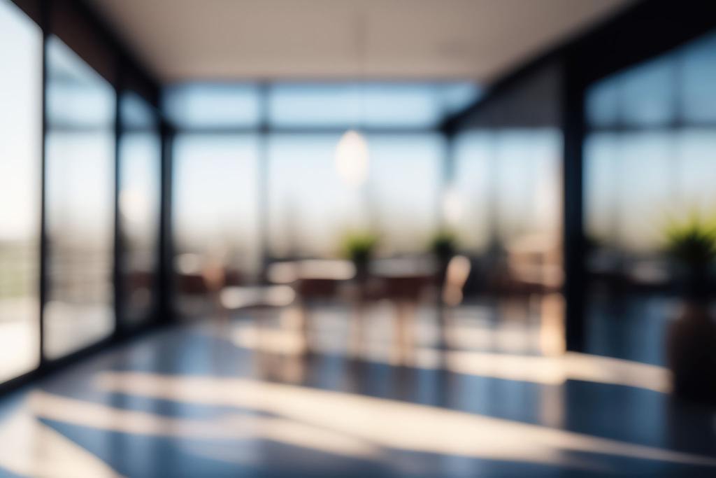 Modern office interior with floor-to-ceiling windows